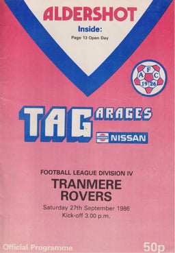 Aldershot v Tranmere Rovers Match Programme 1986-09-27